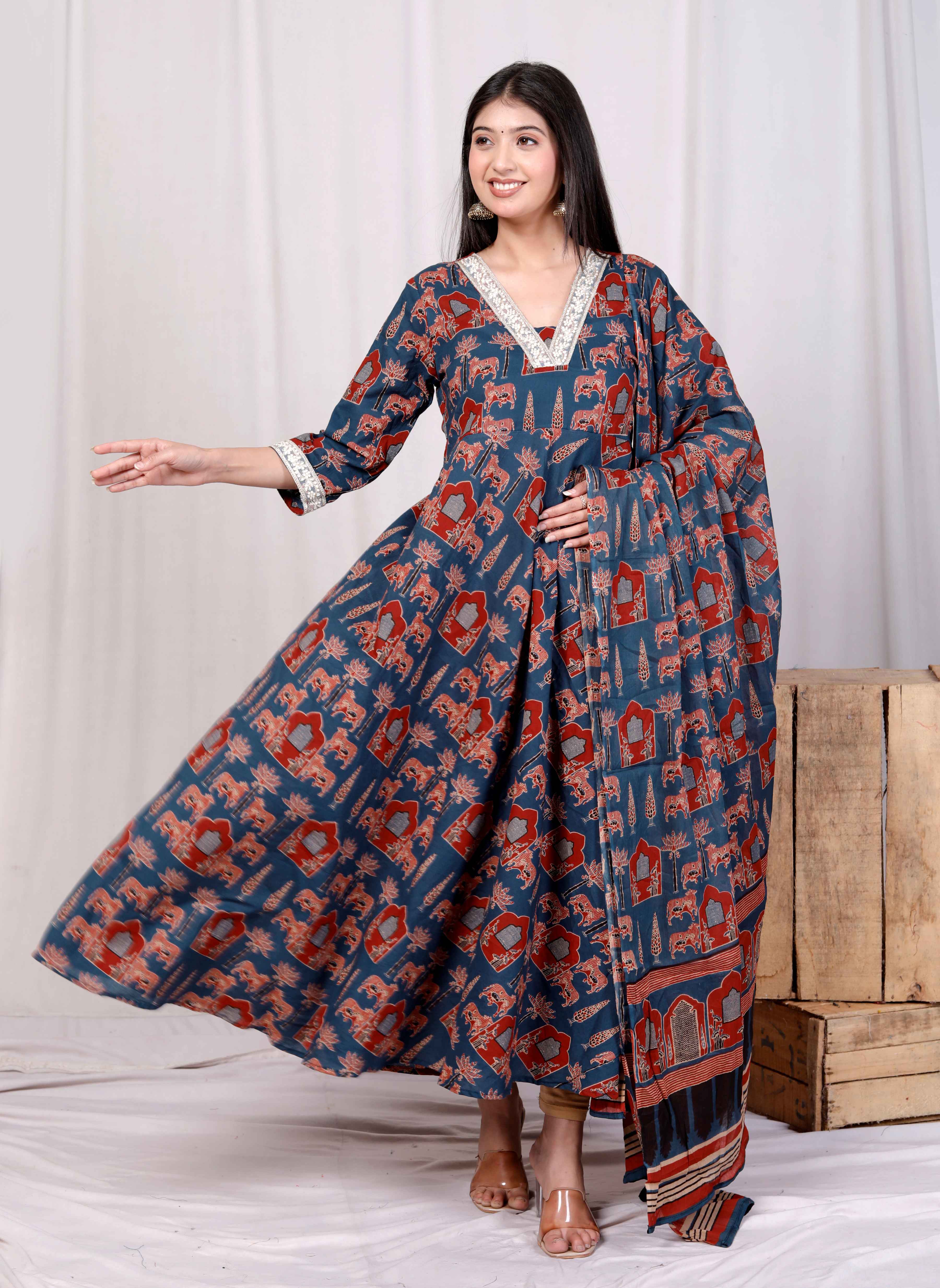 Blue Cotton Zari Lace Anarkali Kurta with Printed Dupatta Set – Party Wear